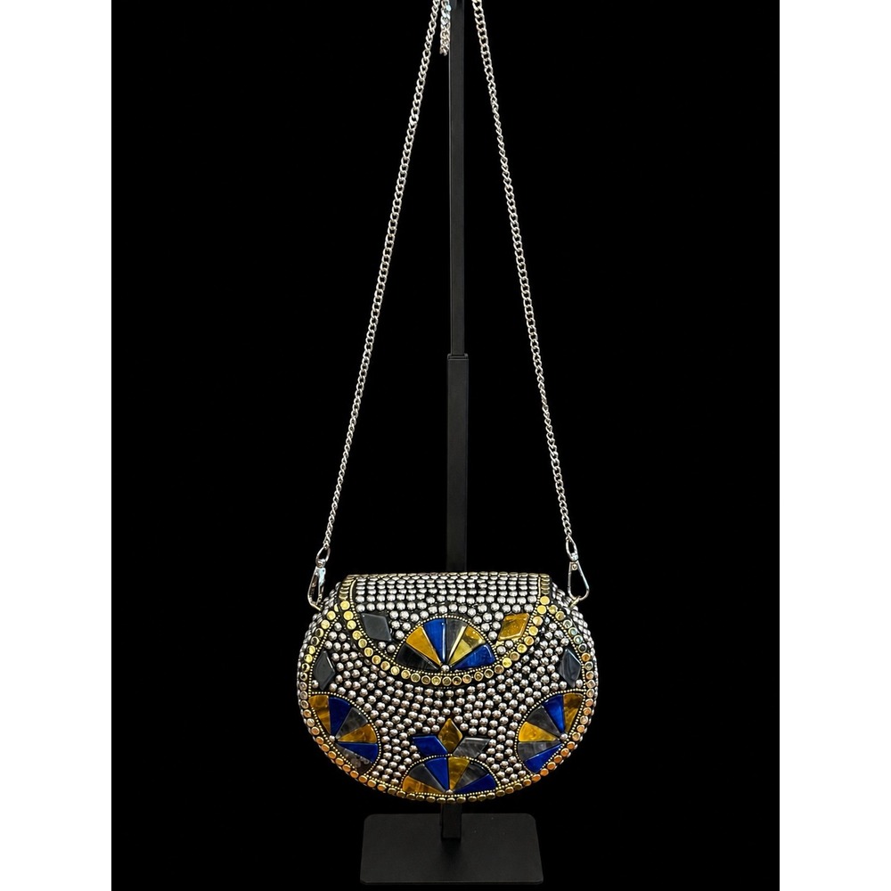 RAMLA Silver Mosaic Blue Stone Embellished Handmade Crossbody/Clutch NWOT - Picture 3 of 8